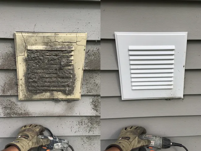 Grafton Dryer Vent Cleaning technician installing high-quality dryer vent cover at a residential property in Grafton